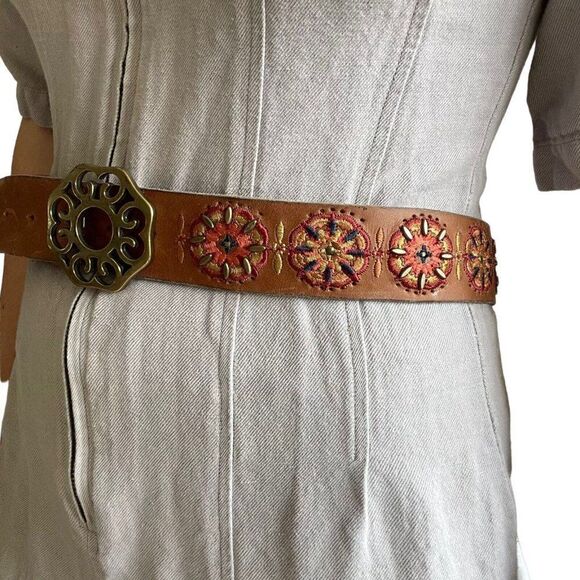 Lucky Brand Womens Brown Leather Multicolor Floral Hippie Western Belt Sz S - Picture 7 of 8